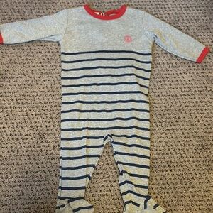 Petit Bateau Gray and Blue Striped Onesie with Red Trim